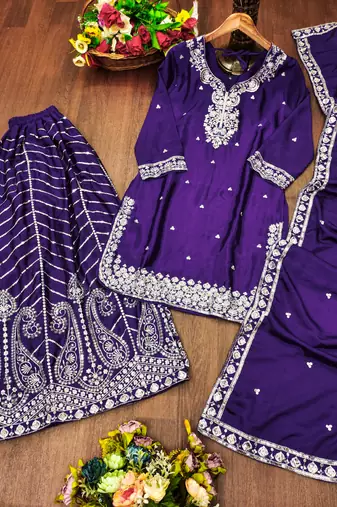 Purple designer chinon sequins embroidered work readymade suit