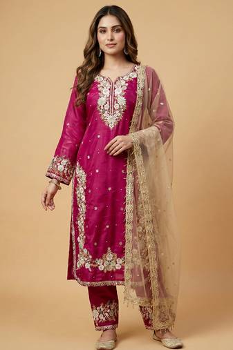 Rani pink designer pure jimmy choo silk sequins embroidered work readymade suit