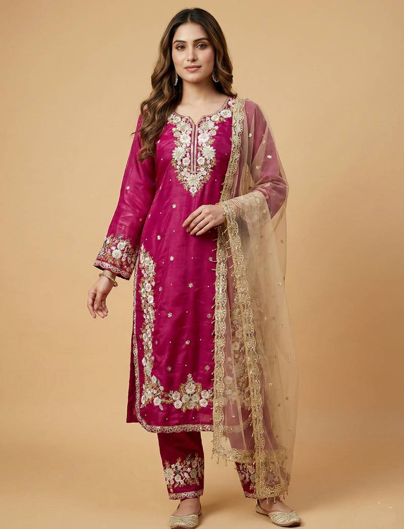 Rani pink designer pure jimmy choo silk sequins embroidered work readymade suit