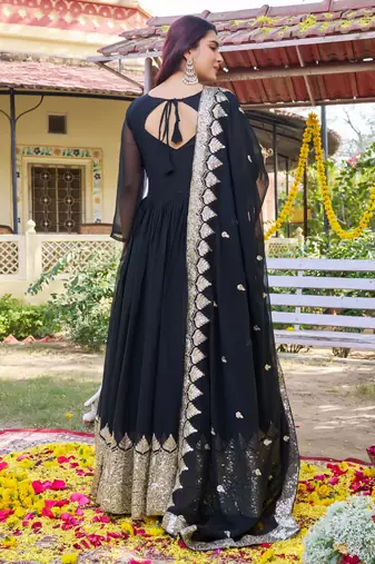 Black designer fox georgette sequins embroidered work readymade suit