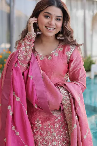 Pink designer fendi crush silk sequins embroidered work readymade suit