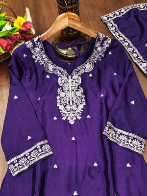 Purple designer chinon sequins embroidered work readymade suit 4