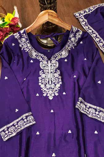 Purple designer chinon sequins embroidered work readymade suit