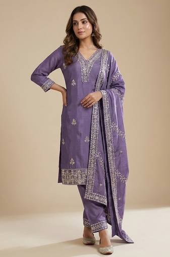 Lavender designer chinon sequins embroidered work readymade suit