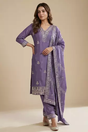 Lavender designer chinon sequins embroidered work readymade suit