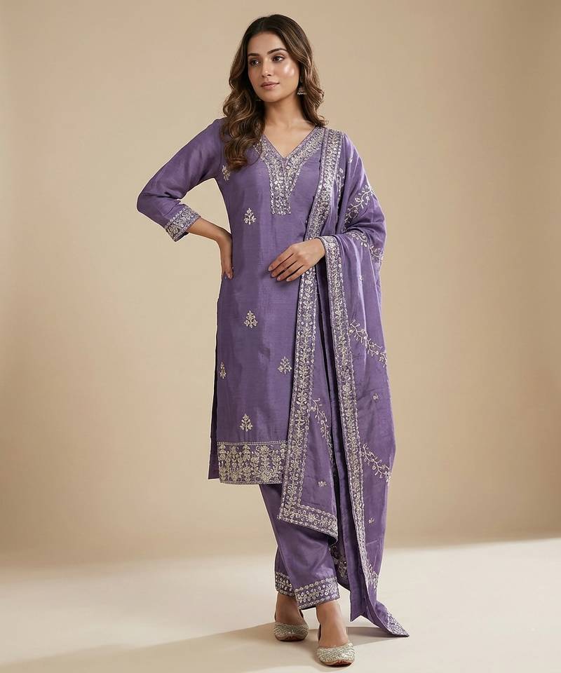 Lavender designer chinon sequins embroidered work readymade suit