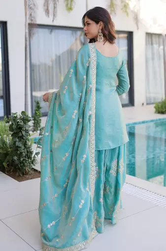 Sky blue designer fendi crush silk sequins embroidered work readymade suit