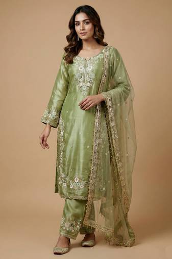 Pista designer pure jimmy choo silk sequins embroidered work readymade suit