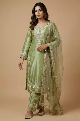 Pista designer pure jimmy choo silk sequins embroidered work readymade suit