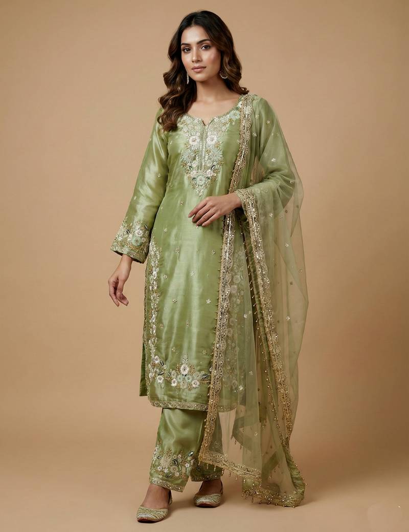 Pista designer pure jimmy choo silk sequins embroidered work readymade suit