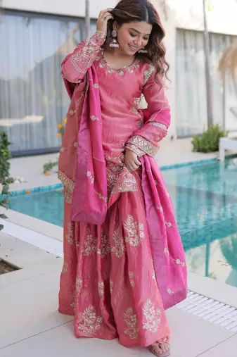 Pink designer fendi crush silk sequins embroidered work readymade suit