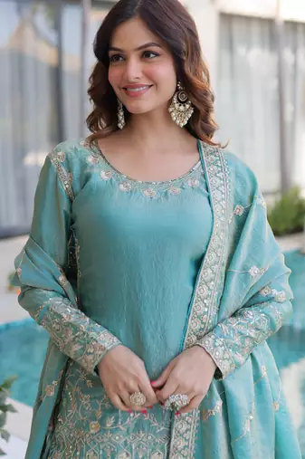 Sky blue designer fendi crush silk sequins embroidered work readymade suit