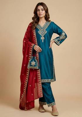 Teal designer chinon sequins embroidered work readymade suit 1