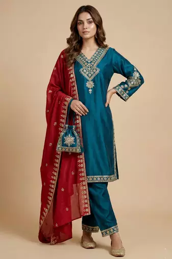 Teal designer chinon sequins embroidered work readymade suit