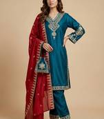 Teal designer chinon sequins embroidered work readymade suit