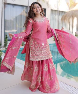 Pink designer fendi crush silk sequins embroidered work readymade suit 4