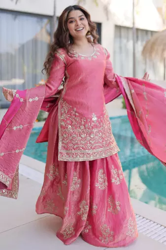 Pink designer fendi crush silk sequins embroidered work readymade suit