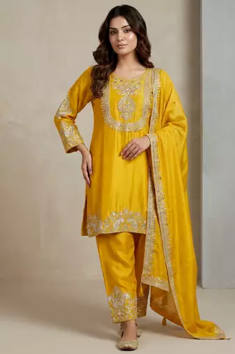 Yellow designer chinon sequins embroidered work readymade suit