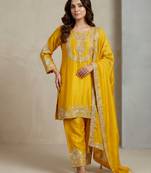 Yellow designer chinon sequins embroidered work readymade suit