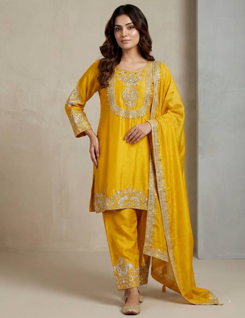 Yellow designer chinon sequins embroidered work readymade suit