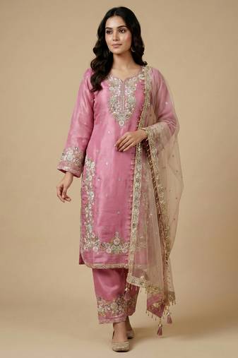 Pink designer pure jimmy choo silk sequins embroidered work readymade suit