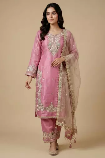 Pink designer pure jimmy choo silk sequins embroidered work readymade suit