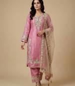 Pink designer pure jimmy choo silk sequins embroidered work readymade suit