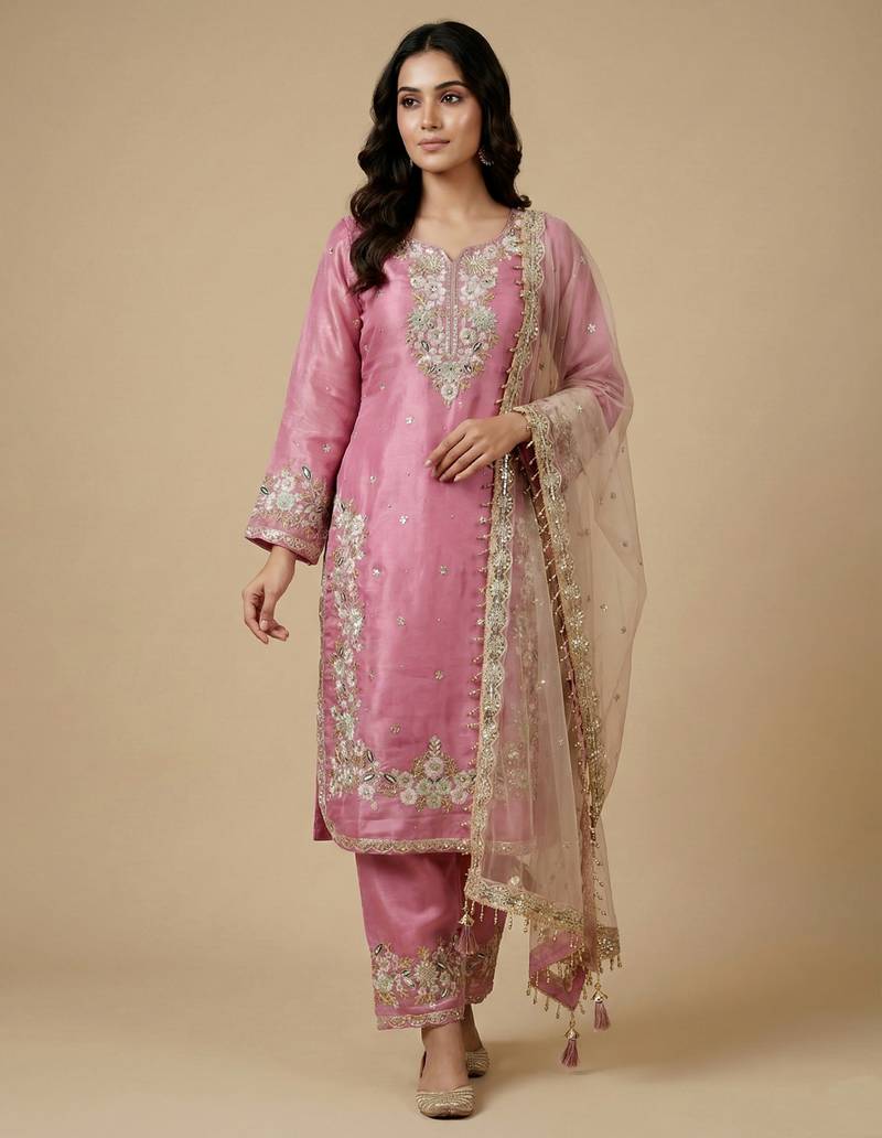 Pink designer pure jimmy choo silk sequins embroidered work readymade suit