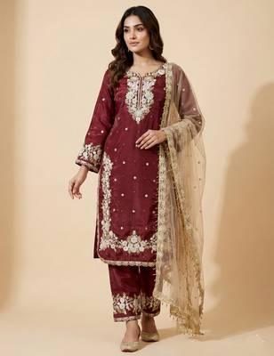 Maroon designer pure jimmy choo silk sequins embroidered work readymade suit 1