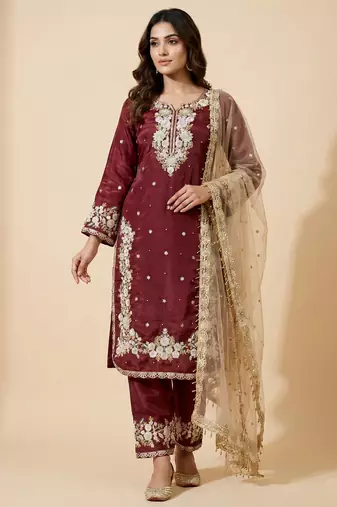 Maroon designer pure jimmy choo silk sequins embroidered work readymade suit