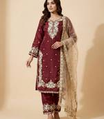 Maroon designer pure jimmy choo silk sequins embroidered work readymade suit