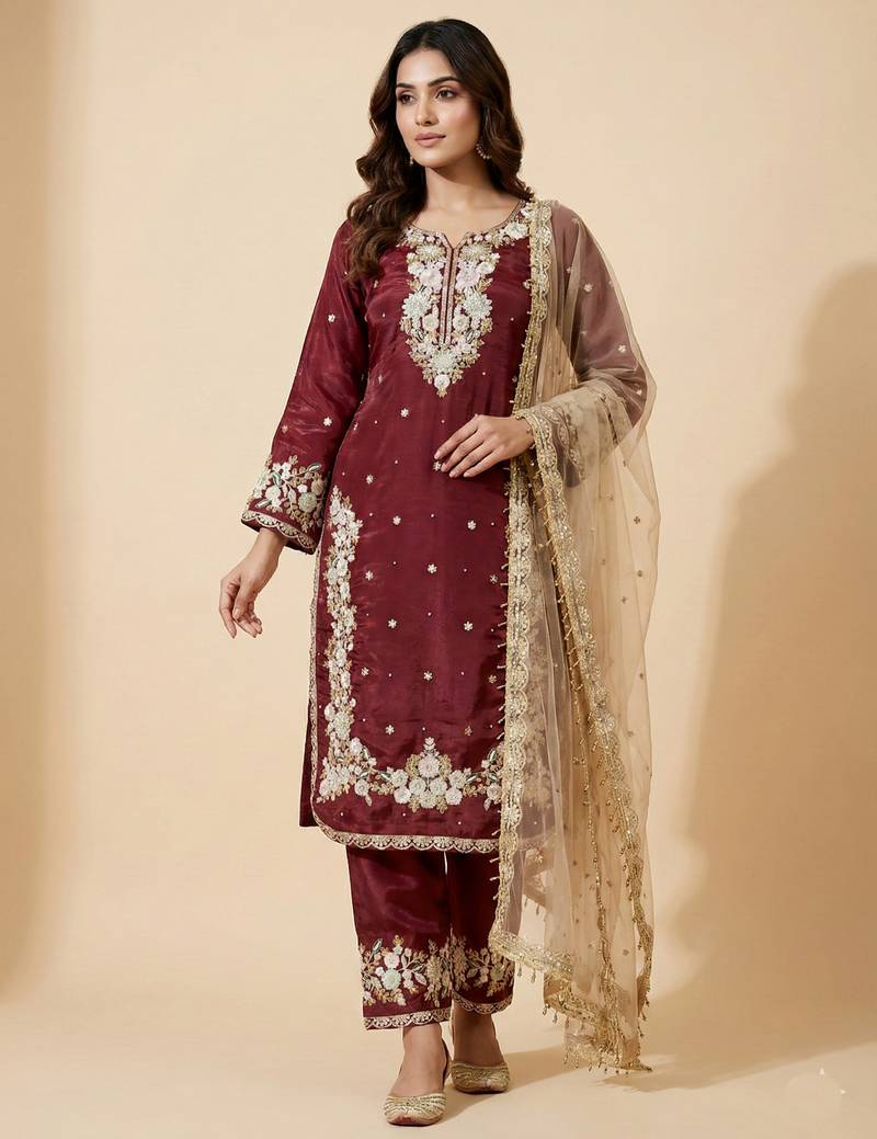 Maroon designer pure jimmy choo silk sequins embroidered work readymade suit