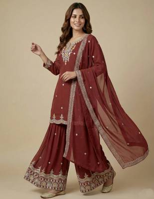 Maroon designer fox georgette sequins embroidered work readymade suit 2