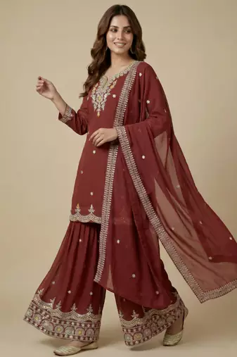 Maroon designer fox georgette sequins embroidered work readymade suit