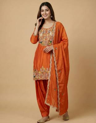 Orange designer chinon sequins embroidered work readymade suit 2