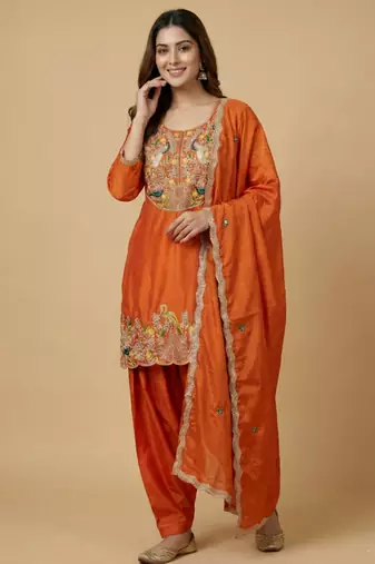 Orange designer chinon sequins embroidered work readymade suit