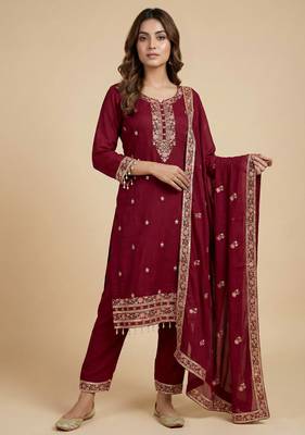 Pink designer blooming vichitra silk sequins embroidered work readymade suit 1