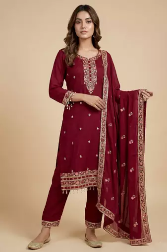 Pink designer blooming vichitra silk sequins embroidered work readymade suit