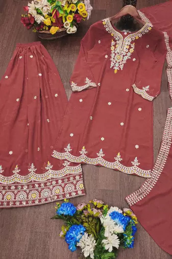 Maroon designer fox georgette sequins embroidered work readymade suit