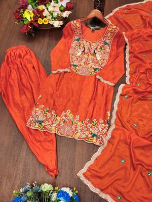 Orange designer chinon sequins embroidered work readymade suit 3