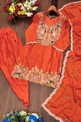 Orange designer chinon sequins embroidered work readymade suit