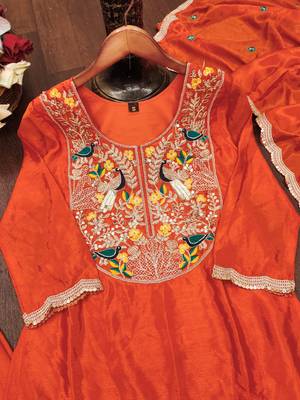 Orange designer chinon sequins embroidered work readymade suit 4