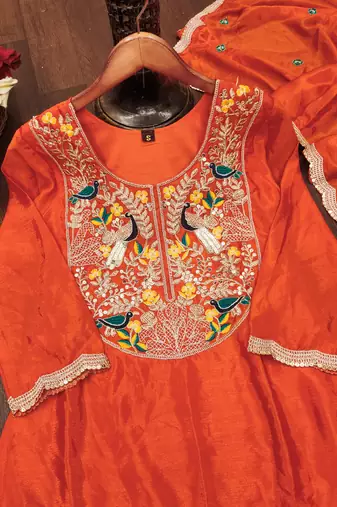 Orange designer chinon sequins embroidered work readymade suit