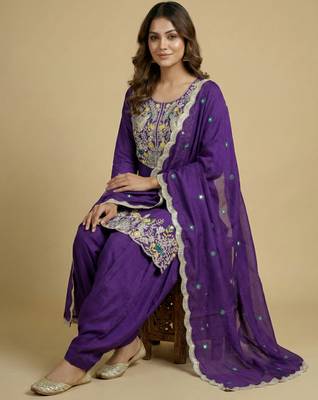 Purple designer chinon sequins embroidered work readymade suit 2