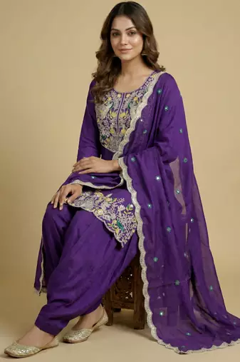 Purple designer chinon sequins embroidered work readymade suit