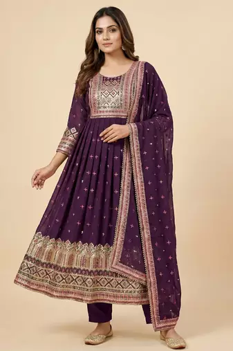 Wine designer fox georgette sequins embroidered work readymade suit