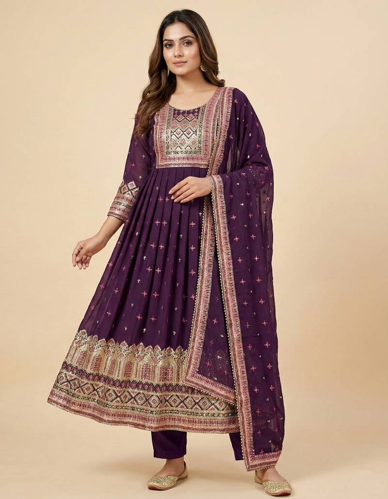 Wine designer fox georgette sequins embroidered work readymade suit