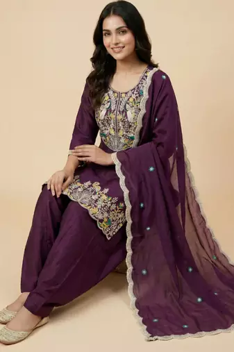 Wine designer chinon sequins embroidered work readymade suit