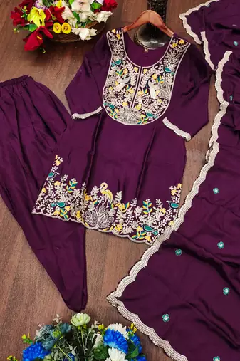 Wine designer chinon sequins embroidered work readymade suit