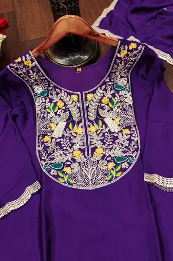 Purple designer chinon sequins embroidered work readymade suit
